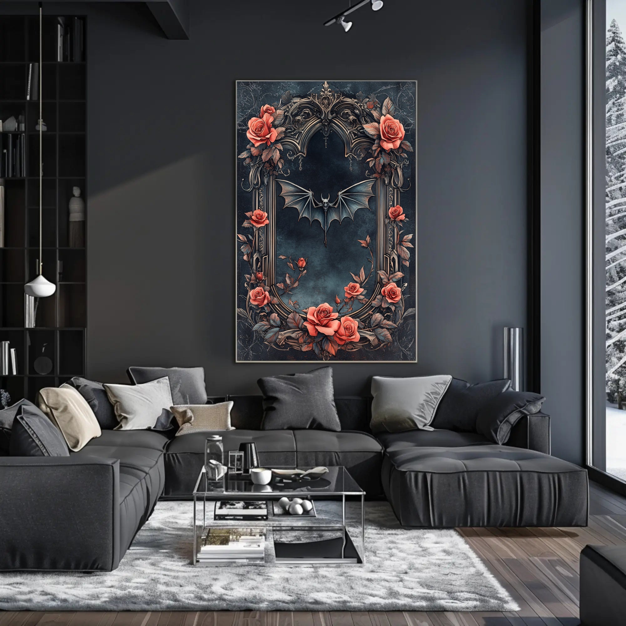 Gothic Elegance With Roses And Bat Poster