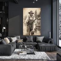 Vintage Fisherman Proudly Holds Large Bass Fishing Poster