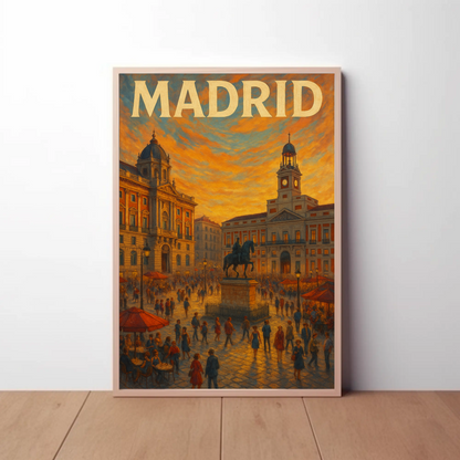 Madrid Plaza Evening Lights Travel Poster