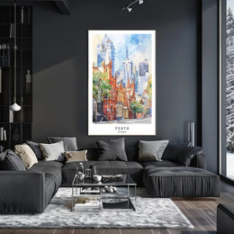 Perth Urban Scene Watercolor Artistry Urban or Cityscape Poster PosterGoat