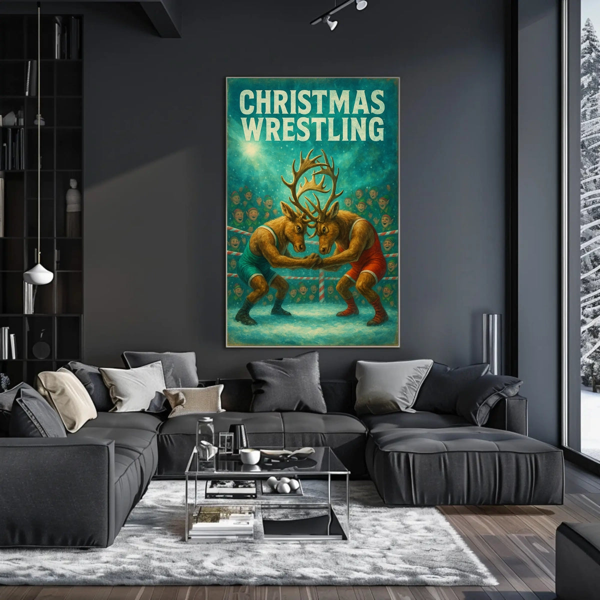 Whimsical Reindeer Wrestling Festive Christmas Sports Poster