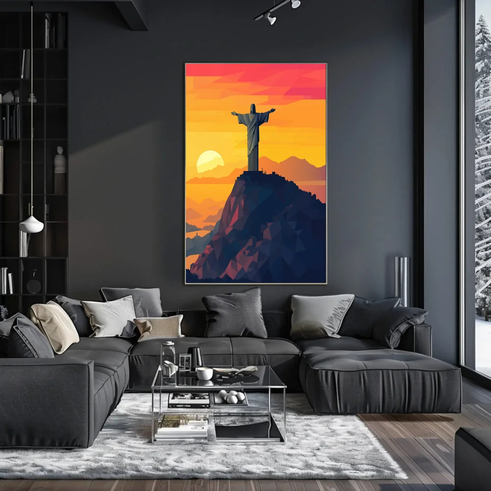 Christ the Redeemer Geometric Sunset Art Poster
