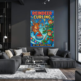 Reindeer Curling at the North Pole Poster