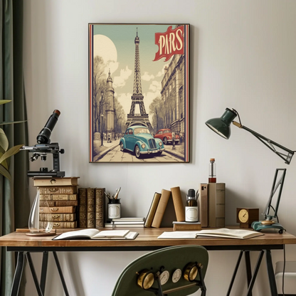 Paris Vintage Poster - Eiffel Tower & Classic Car