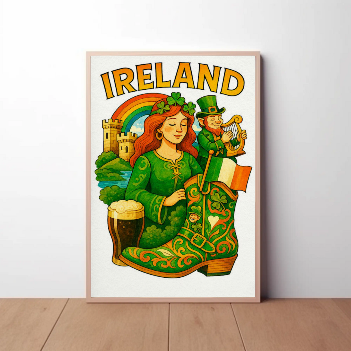 Ireland Folklore Rainbow Guinness Travel Poster
