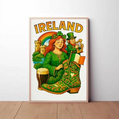 Ireland Folklore Rainbow Guinness Travel Poster