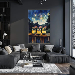 Three Mason Jars Glowing With Fireflies Rustic Poster