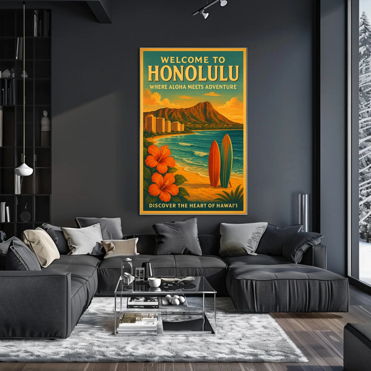 Honolulu Adventure Vintage Travel Poster Beach & Surfboards