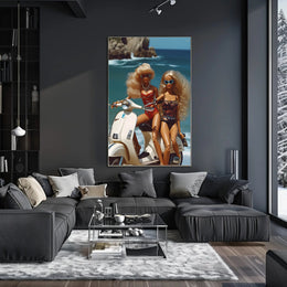 Beach Glamour: Vibrant Dolls on Scooter Travel Poster PosterGoat