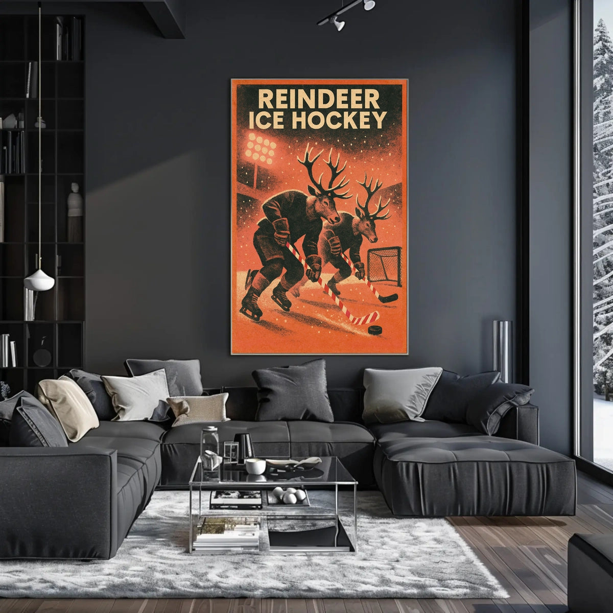 Reindeer Ice Hockey Vintage Sports Poster