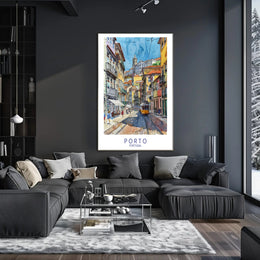 Porto Vibrant Cityscape Yellow Tram Urban Cityscape Poster PosterGoat
