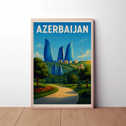 Azerbaijan Baku Flame Towers Park Path Travel Poster