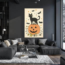Halloween-Themed Black Cat Carved Pumpkin Bats Stars Poster