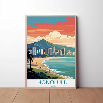Honolulu Hawaii Sunset Skyline Modern Minimal Travel Poster