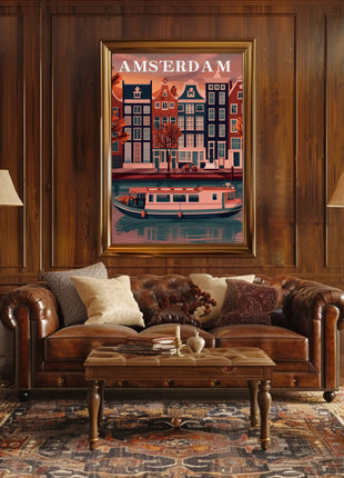 Amsterdam's Charming Autumn Canal Scene Travel Poster