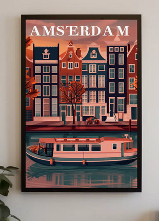 Amsterdam's Charming Autumn Canal Scene Travel Poster