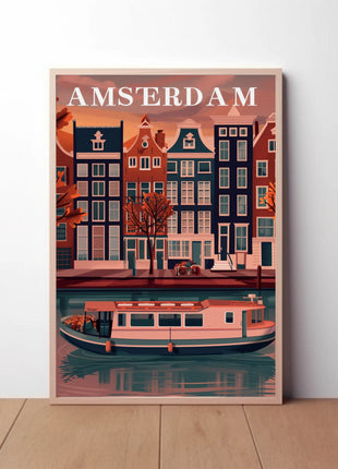 Amsterdam's Charming Autumn Canal Scene Travel Poster