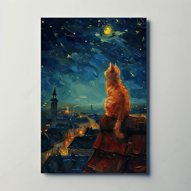 Whimsical Cat Starlit Night Artistic Animal Poster