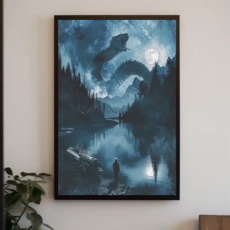 Mystical Dragon Lake in Fantasy Landscape Art Poster