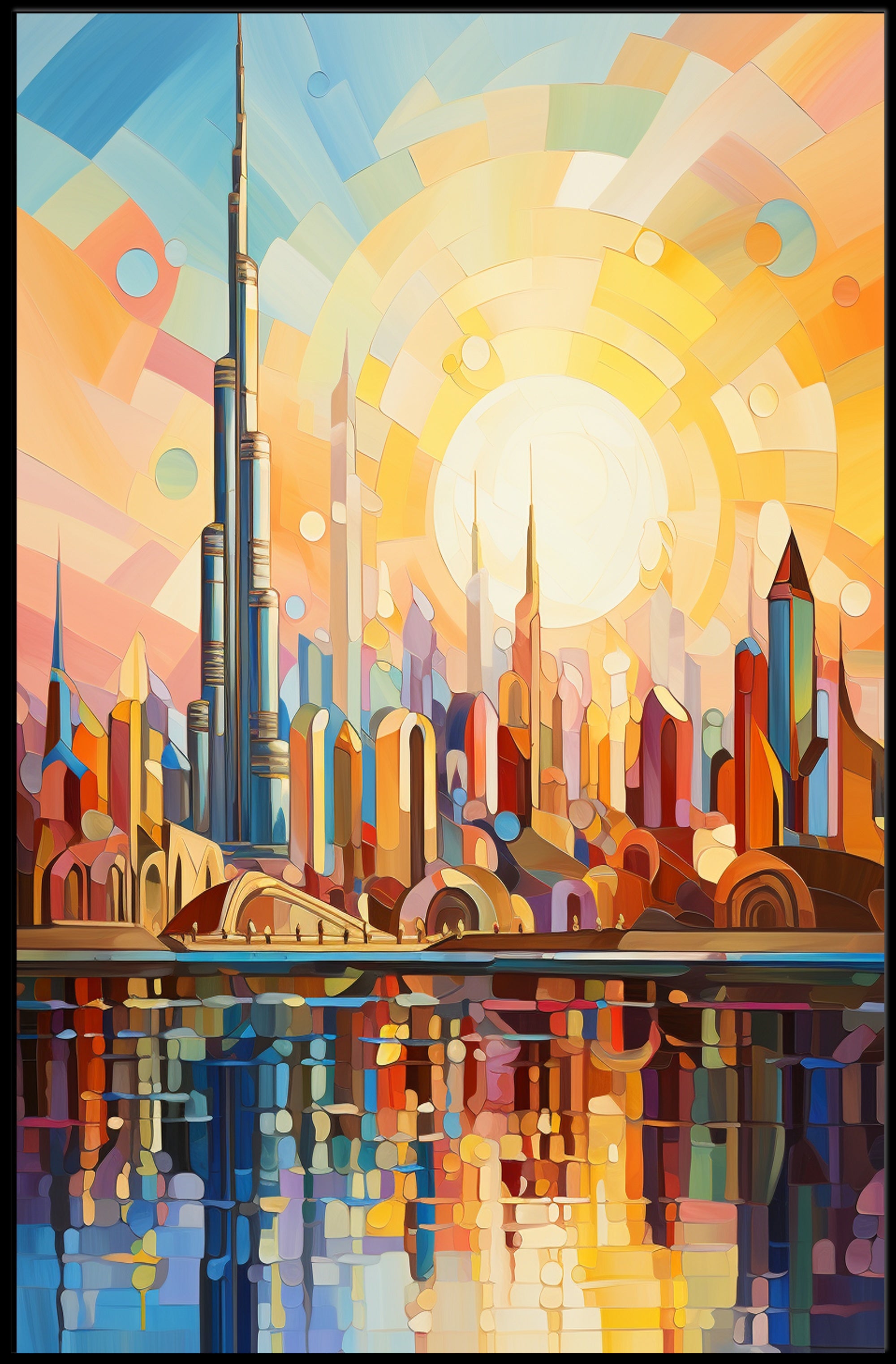 Futuristic Harmony: Vibrant Geometric Skyline Futuristic Sci-Fi Poster