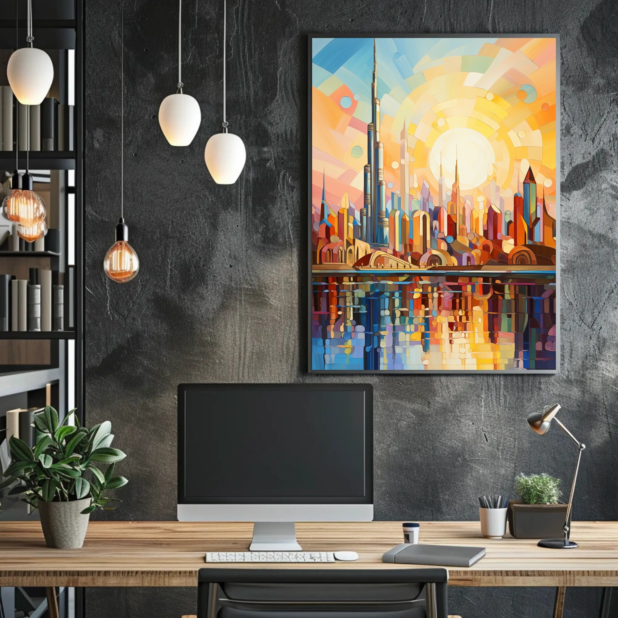 Futuristic Harmony: Vibrant Geometric Skyline Futuristic Sci-Fi Poster