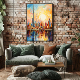 Futuristic Harmony: Vibrant Geometric Skyline Futuristic Sci-Fi Poster