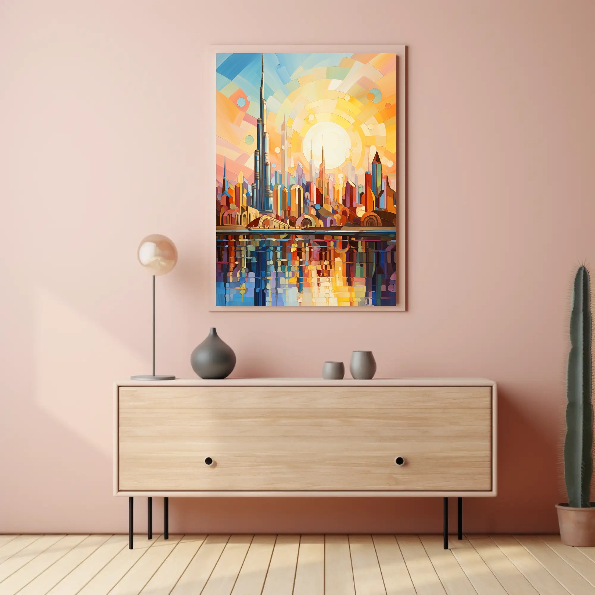 Futuristic Harmony: Vibrant Geometric Skyline Futuristic Sci-Fi Poster