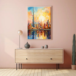 Futuristic Harmony: Vibrant Geometric Skyline Futuristic Sci-Fi Poster