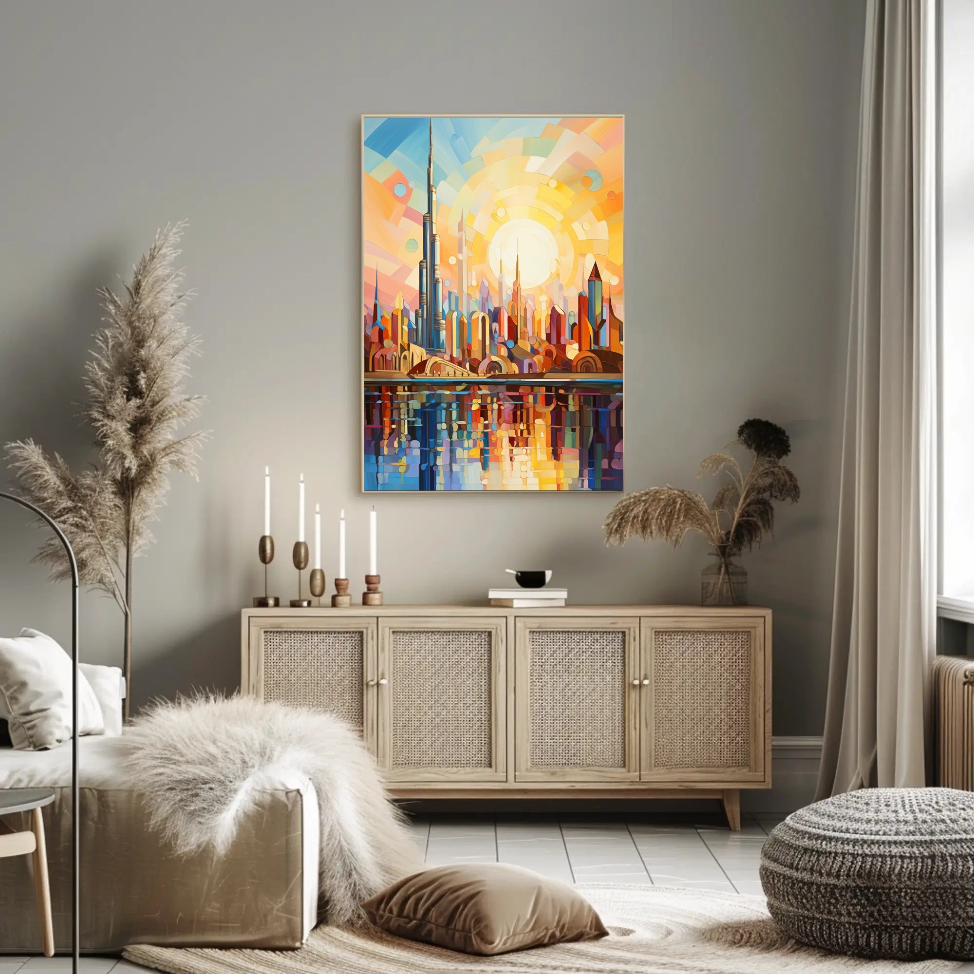 Futuristic Harmony: Vibrant Geometric Skyline Futuristic Sci-Fi Poster