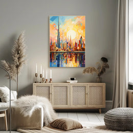 Futuristic Harmony: Vibrant Geometric Skyline Futuristic Sci-Fi Poster