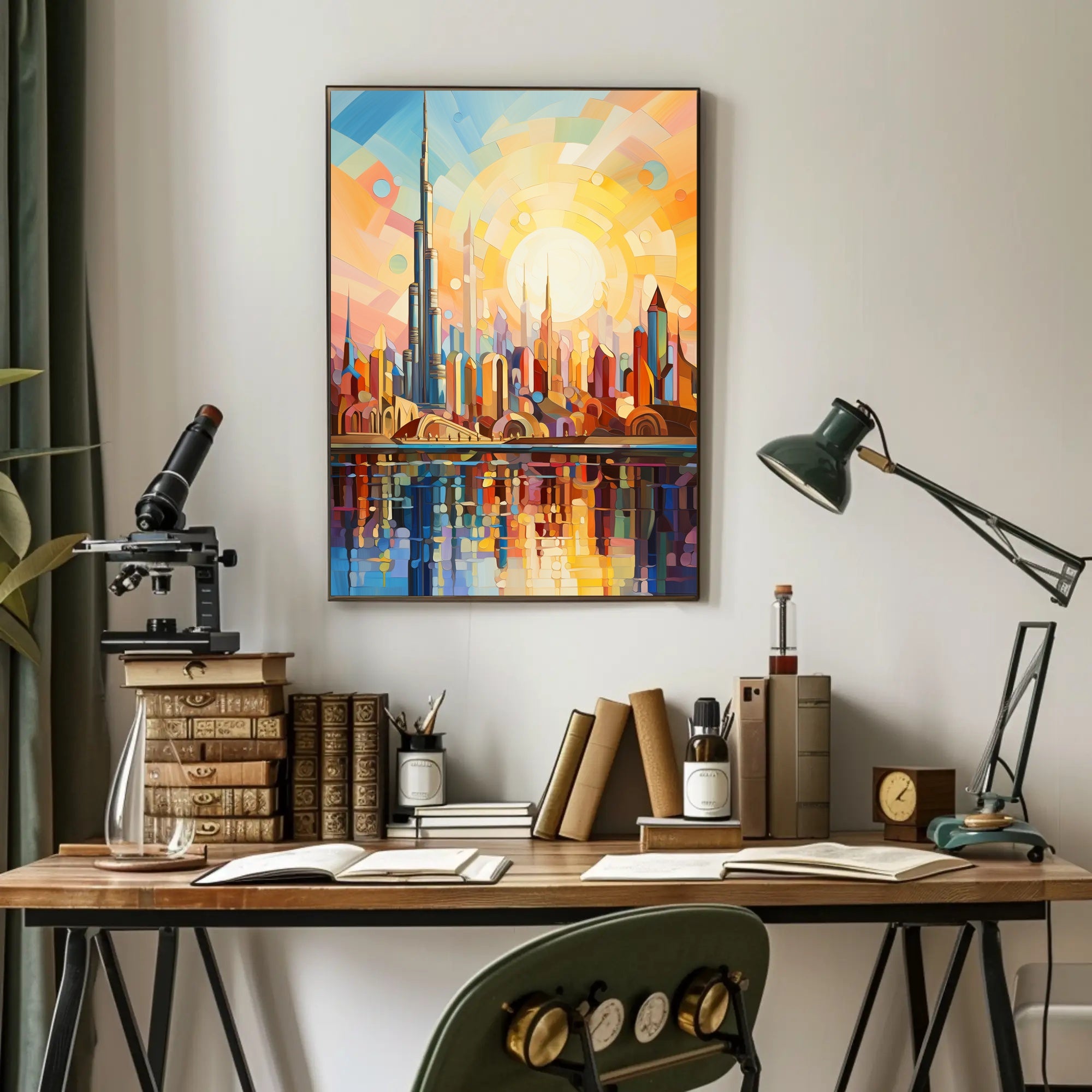 Futuristic Harmony: Vibrant Geometric Skyline Futuristic Sci-Fi Poster