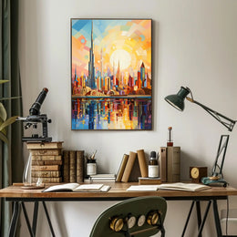 Futuristic Harmony: Vibrant Geometric Skyline Futuristic Sci-Fi Poster