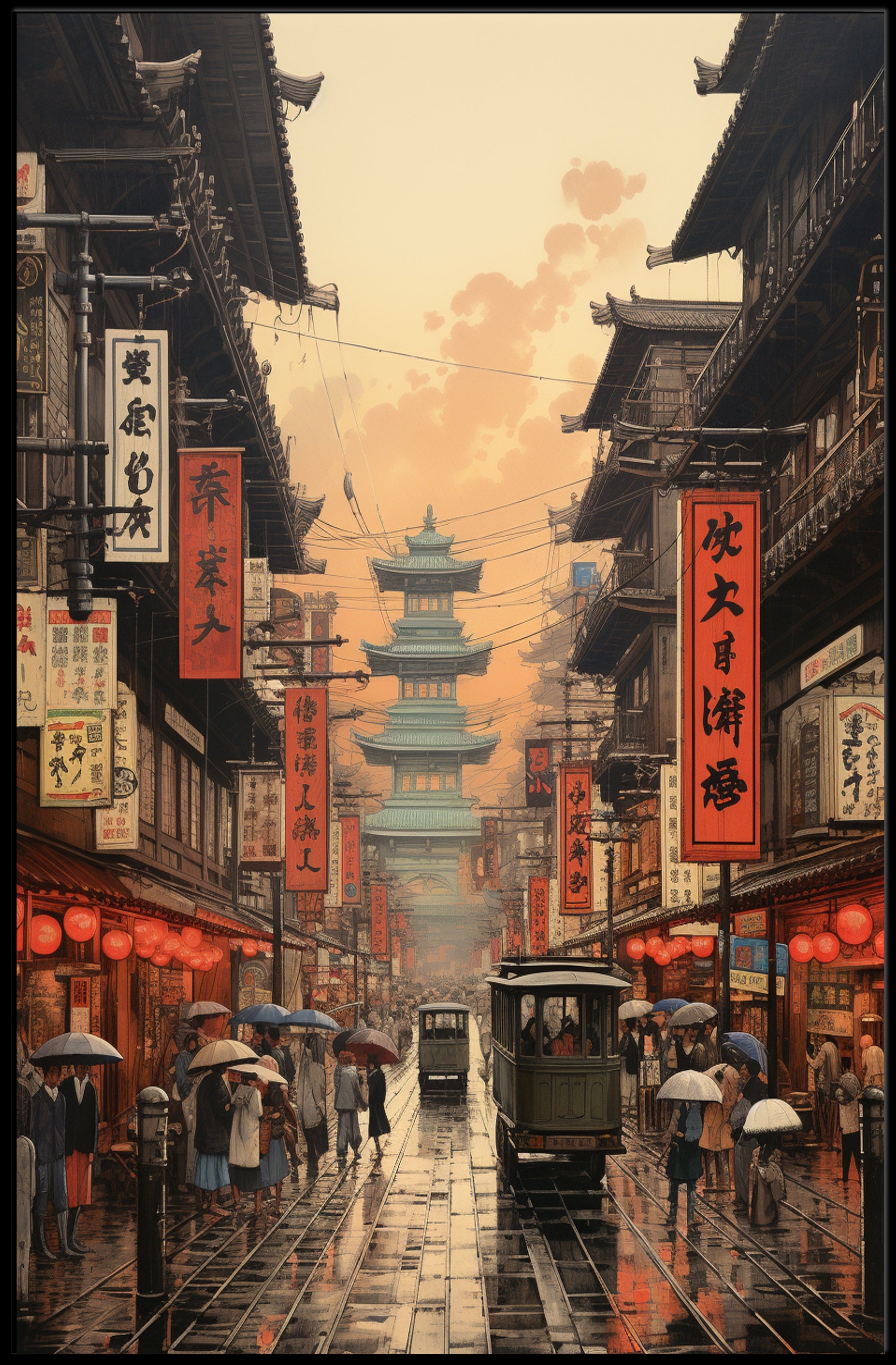 Bustling Historical Street Scene in Asia Cultural Poster showcasing vibrant architecture and lively street life.