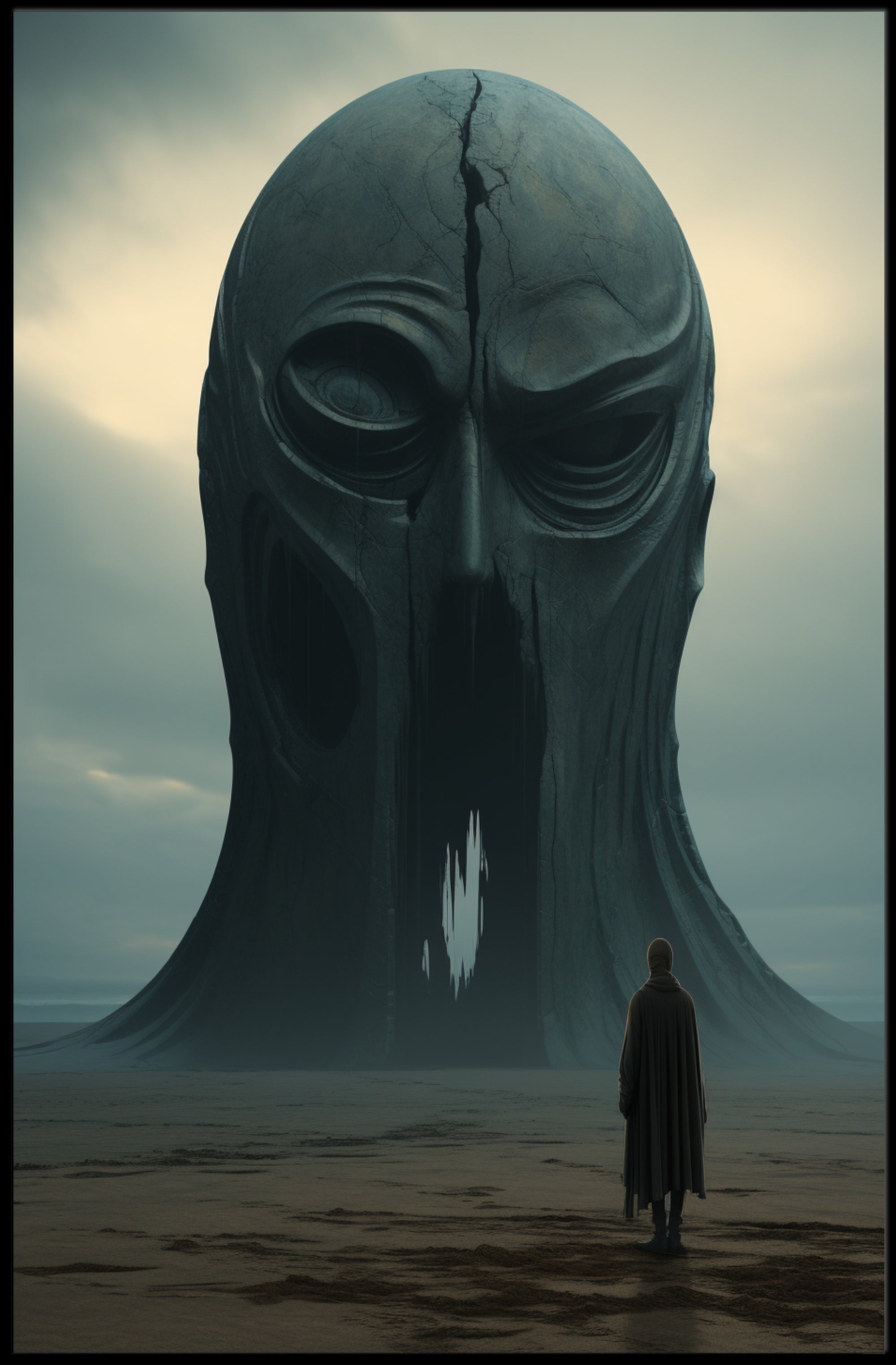Surreal Landscape with Monolithic Helmet Futuristic Sci-Fi Poster