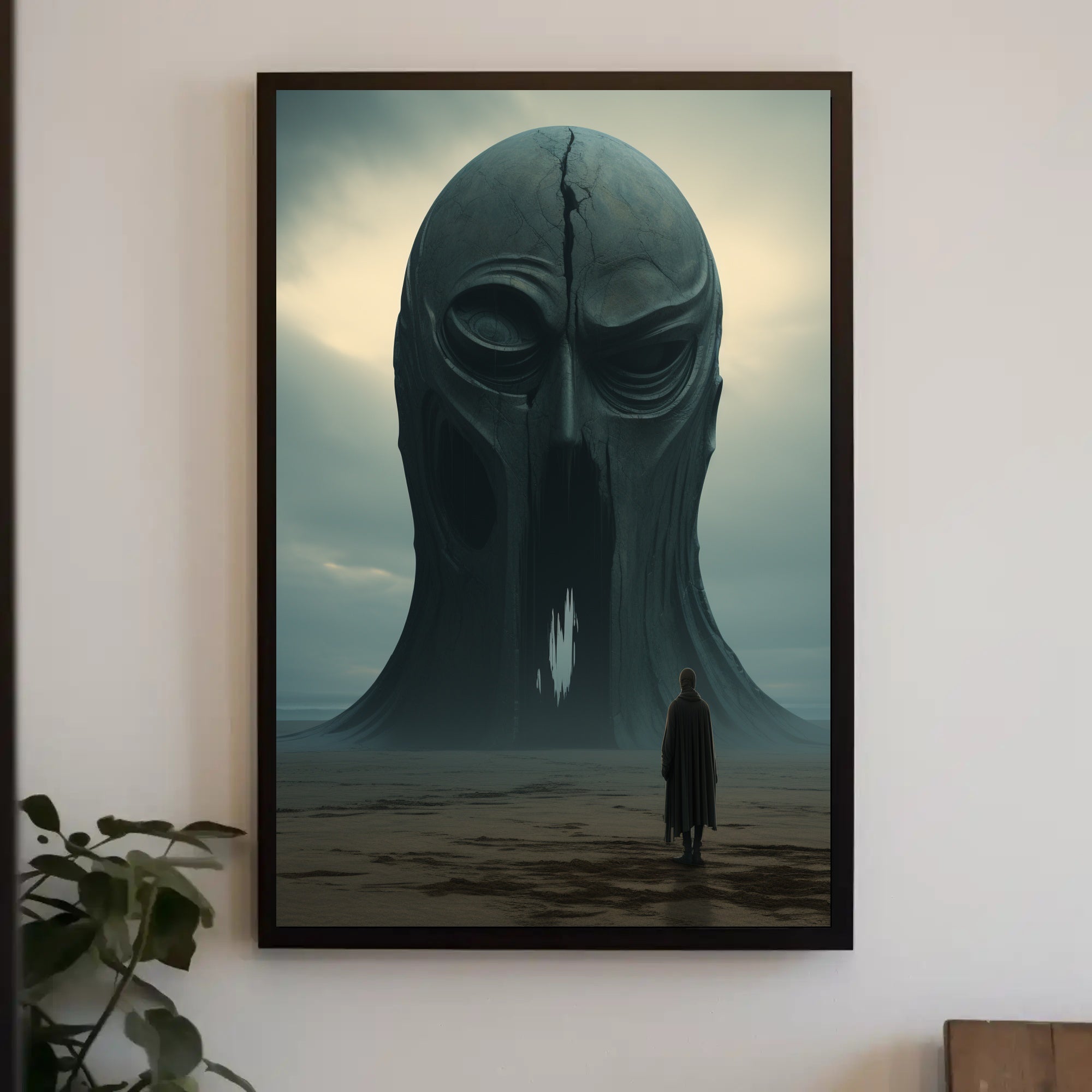 Surreal Landscape with Monolithic Helmet Futuristic Sci-Fi Poster