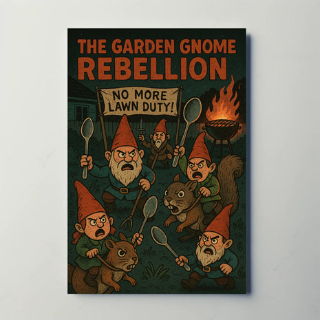 Garden Gnomes Revolt: Whimsical Pop Culture Poster