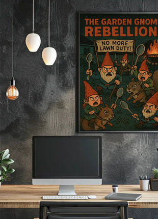 Garden Gnomes Revolt: Whimsical Pop Culture Poster