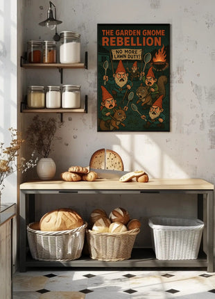 Garden Gnomes Revolt: Whimsical Pop Culture Poster