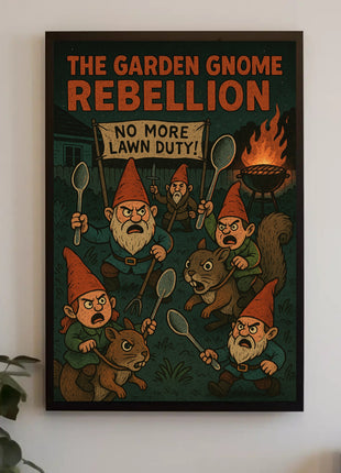 Garden Gnomes Revolt: Whimsical Pop Culture Poster