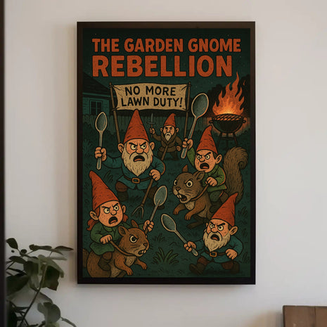 Garden Gnomes Revolt: Whimsical Pop Culture Poster