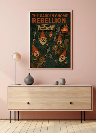 Garden Gnomes Revolt: Whimsical Pop Culture Poster