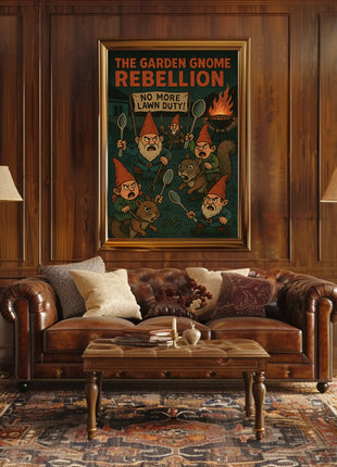 Garden Gnomes Revolt: Whimsical Pop Culture Poster