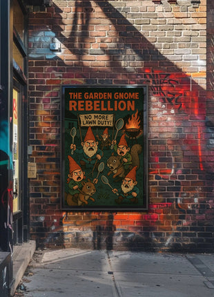 Garden Gnomes Revolt: Whimsical Pop Culture Poster