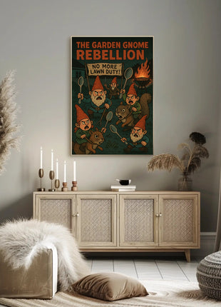 Garden Gnomes Revolt: Whimsical Pop Culture Poster